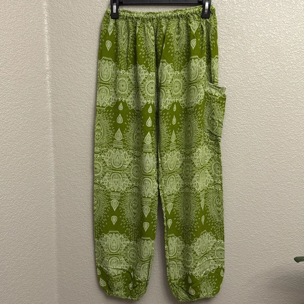 Earthbound Trading Co. Boho Jogger Wide Leg Flowy Pants Green Bohemian Boho Med - Picture 3 of 8